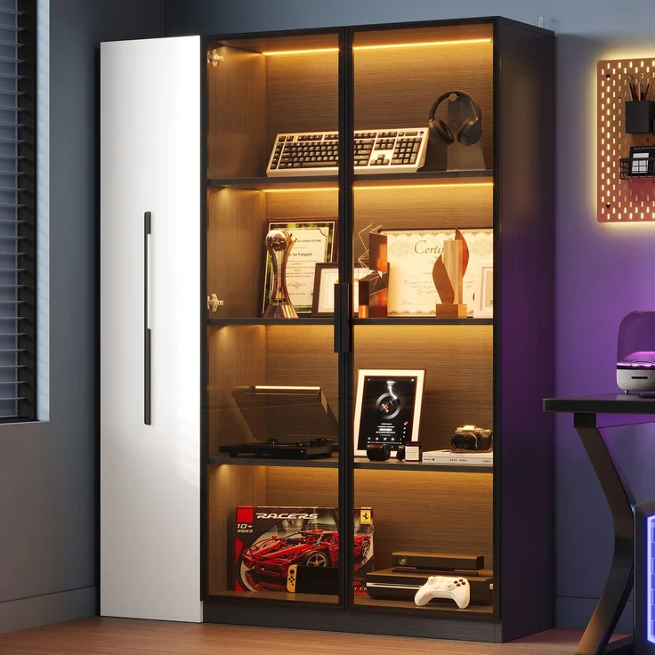 LED-Glasvitrine 110,5 x 35 x 160 cm aus MDF und Sicherheitsglas in Schwarz-Weiß – Bild 3