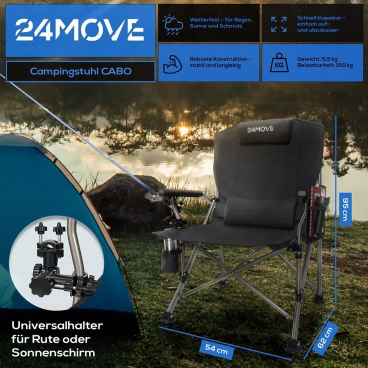 24Move Angelstuhl Campingstuhl Anglerstuhl faltbar inkl. Tragetasche, bis 150kg, inkl. Universalhalter und Getränkehalter, schwarz – Bild 2