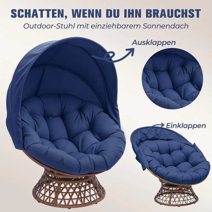 COMHOMA Papasansessel, gemütlicher Drehsessel mit Kissen rund, bequemer Rattansessel, Loungesessel drehbar, runder Relax Korbsessel Rattan für Wohnzimmer, Leseecke, Lounge - BLAU – Bild 9