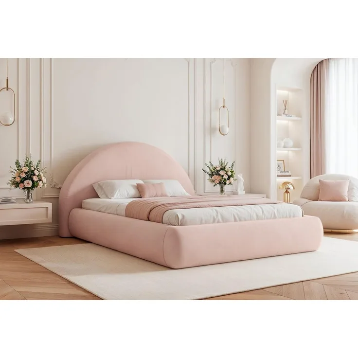 Compleo Polsterbett glamourös, Designerbett mit Bettkasten und Lattenrost, rundes Kopfteil