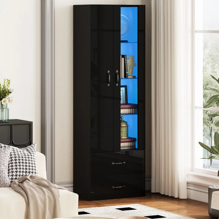 LED-beleuchtete Vitrine, 2 Türen, Standvitrine mit transparenter Tür, freistehende Vitrine LED-Vitrine Wohnzimmer Wohnzimmerwand LED-Vitrine LED-Schrank Buffetschrank,Schwarz--Schwarz--59.5x35x182cm--YOUDENOVA