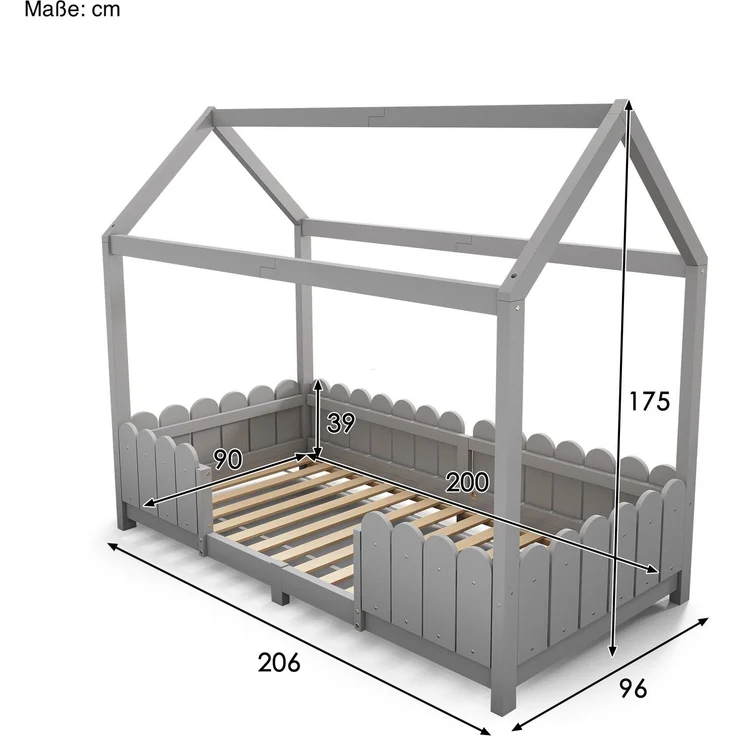 Hausbett mit Lattenrost, 90x200 cm, Kinderbett mit Rausfallschutz, Kiefer – Bild 7
