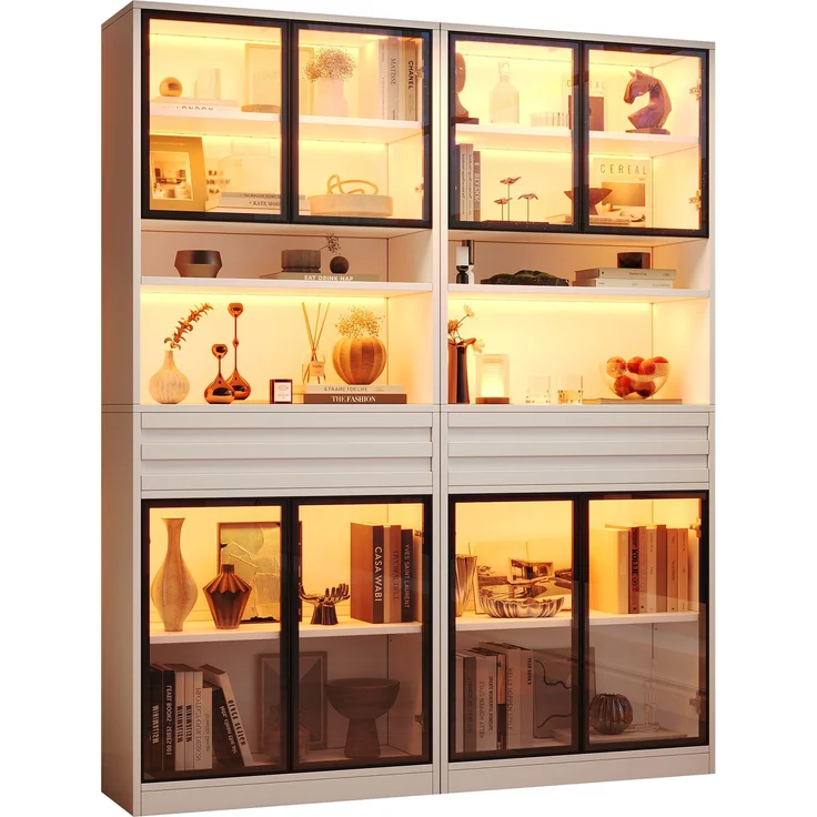 Zweierpackungen Vitrine Display Schrank 80 x 35 x 200 cm aus MDF, Bücherschrank mit 8 Glastüren, 2 Schublade, LED‑Beleuchtung,hohe Schränke, Weinschränke, vitrinen schrank für Wohnzimmer,Weiß--Weiß--160x35x200cm--YOUDENOVA – Bild 5