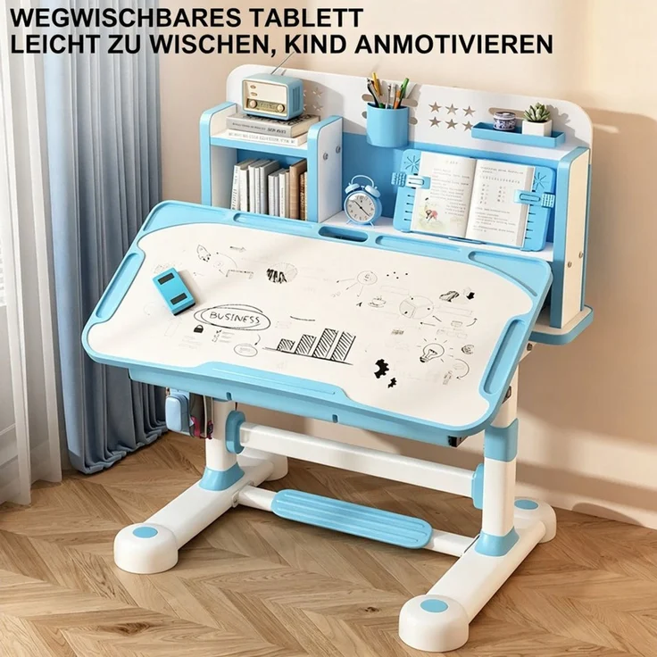 Rutaqian Kinderschreibtisch Kinderschreibtisch mit Stuhl höhenverstellbar, Lernplatz mit Stauraum (Set, 2er-Set), Mit Schubladen, Bücherregal, Fußstütze und Rucksackhaken – Bild 4
