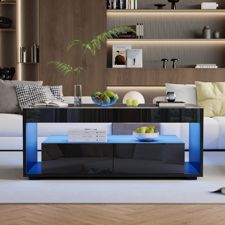 Couchtisch aus Spanplatte mit 16-farbiger LED-Beleuchtung, 2 Schubladen & gehärtetem Glas, 100x50x40 cm, Schwarz