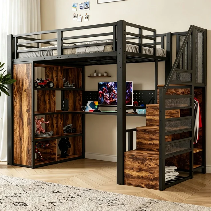 EINHOM Metall-Hochbett 90 x 200 cm mit Kleiderschrank und Staufächern, Metall + Holz, Trittleiter, Schreibtisch mit Steckdosen nach Europäischer Norm, Lochblech und LED-Lichtleiste, Großem Stauschrank, Einzelbett, Schwarz (Ohne Matratze) – Bild 4