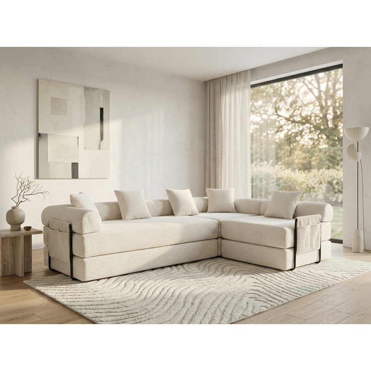 LVHOM Schlafsofa 5-Sitzer, Klappsofa mit Schlaffunktion, Bodensofa mit Seitentaschen, Ecksofa aus Cordstoff, frei Kombinierbar, Beige