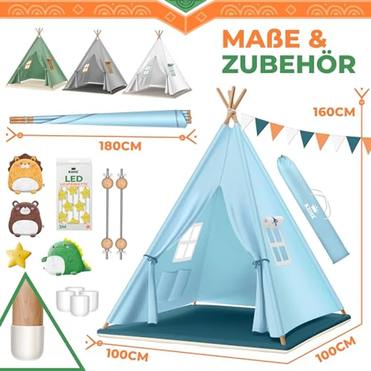 KIDIZ® Tipi Zelt für Kinder Spielzelt 100 x 100 x 160 cm Kinderzelt aus Baumwolle mit LED-Lichterkette, Leuchtstern, Fahnengirlande, 3 Plüschtiere, Untermatte & Tragetasche Spielhaus für drinnen & draußen Blau – Bild 8