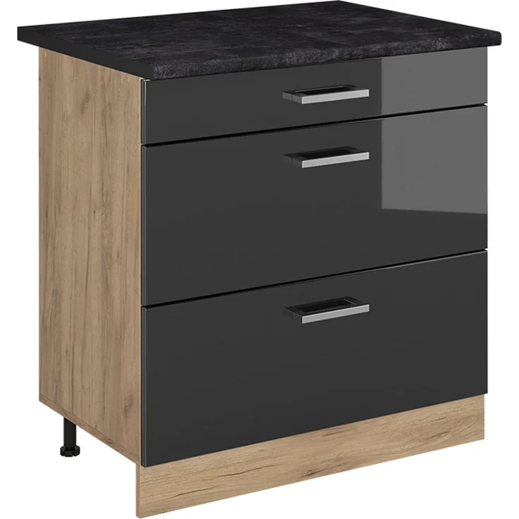 Küchenunterschrank R-Line Anthrazit Hochglanz/Goldkraft Eiche 80 cm mit 3 Schubladen Arbeitsplatte Anthrazit Vicco – Bild 1