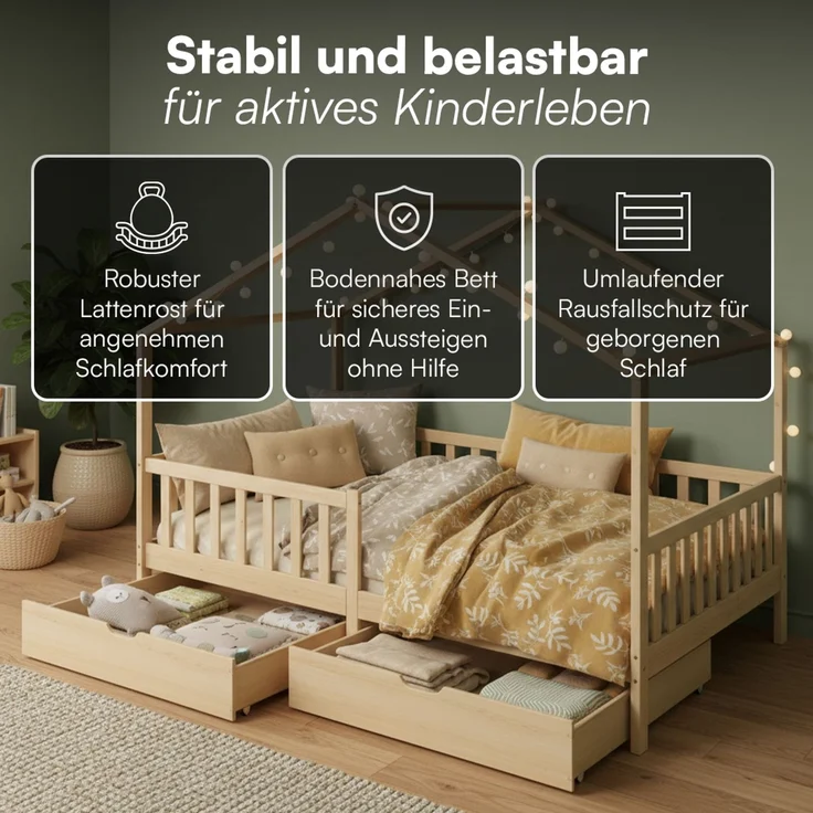 Bellabino 'Bia' Hausbett 120x200 cm mit Matratze und 2 Schubladen, natur, Kiefer Massivholz, Montessori Kinderbett mit Stauraum, inkl. Rausfallschutz und Lattenrost – Bild 4