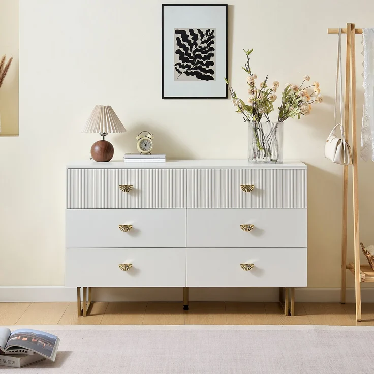 Sideboard Weiß MDF 120 x 40 x 75 cm mit 6 Schubladen, modern, Metallbeine, Aufbewahrungsschrank Wohnzimmer – Bild 6
