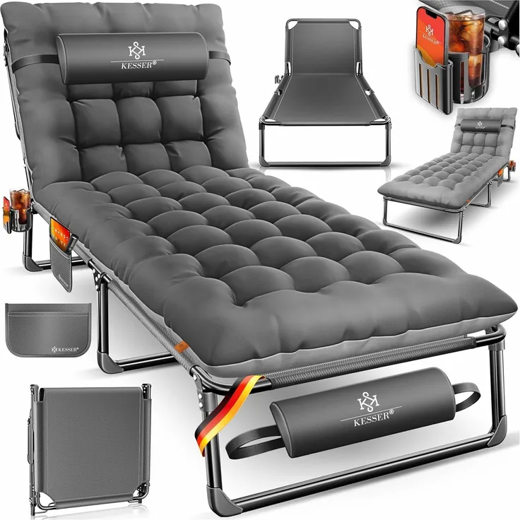 KESSER Campingbett klappbar mit Tragetasche, Nackenkissen, Vakuumtasche & Getränkehalter, Oxford-Gewebe anthrazit / grau, 68 x 190 x 30 cm