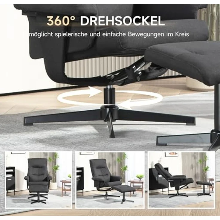 HOMCOM Relaxsessel mit Hocker, Gepolstert Fernsehsessel mit Liegefunktion, Wippfunktion (TV-Sessel, 2-St, Liegesessel), für Wohnzimmer, Schlafzimmer, Schwarz – Bild 5