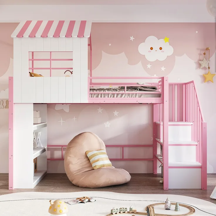 Merax Hochbett 90×200 cm, Kinderbett, Jugendbett, Hausdesign, Mehrstöckiges Stauraumregal, Sichere Treppe (montierbar links/rechts), Rosa