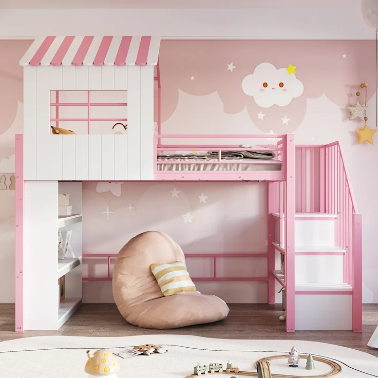 Merax Hochbett 90×200 cm, Kinderbett, Jugendbett, Hausdesign, Mehrstöckiges Stauraumregal, Sichere Treppe (montierbar links/rechts), Rosa – Bild 1