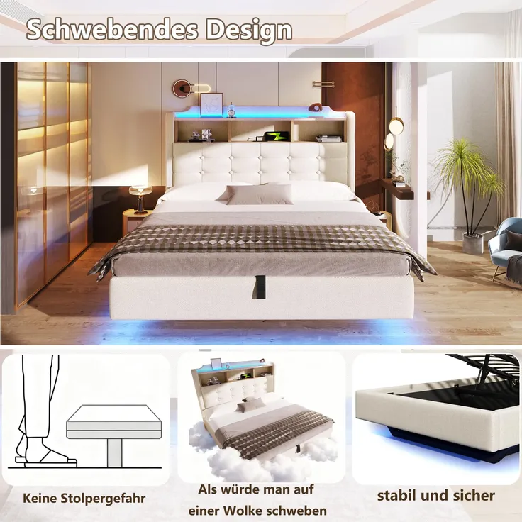 Polsterbett mit LED-Streifen und Stauraum, 140x200 cm, Kopfteil, USB/Type-C Anschlüsse, Doppelbett, Stauraumbett, Leinen – Bild 4