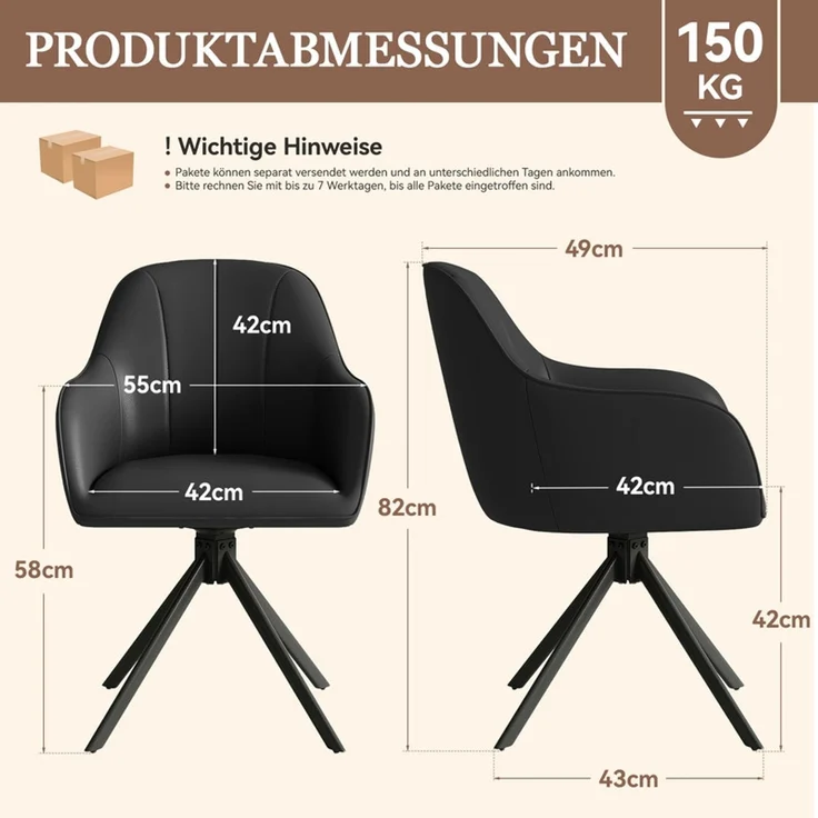 Hawthyhome 4-Fußstuhl Esszimmerstuhl drehbar mit Armlehne, 360° Drehfunktion, stabiles schwarzes Metallgestell, moderner Küchenstuhl für Esszimmer, Wohnzimmer, Büro & Homeoffice, Schwarz – Bild 2
