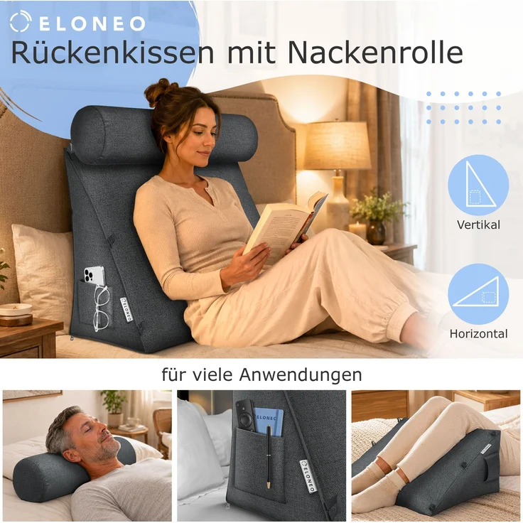 aktivshop Rückenkissen mit Nackenrolle für Bett & Sofa, 55x50x30cm, waschbarer Bezug – Bild 3