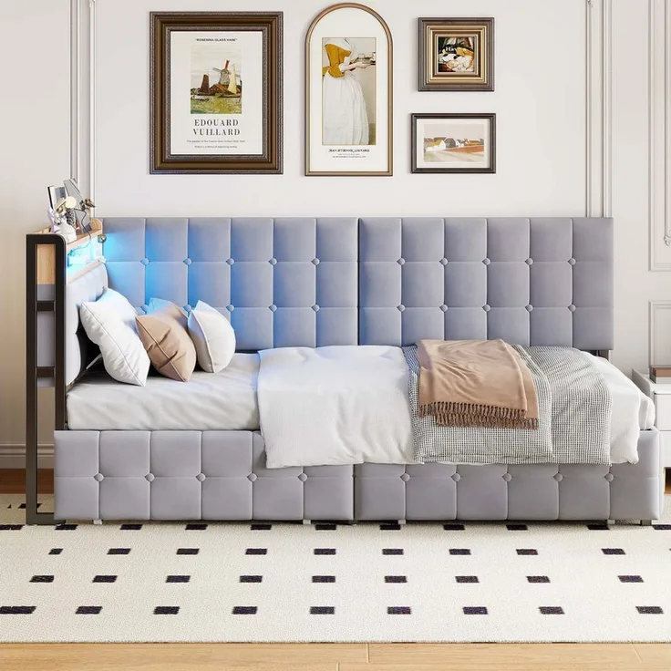 Odikalo Schlafsofa Daybett Stauraumbett Polsterbett USB Schubladen 90x200cm Grau/Beige