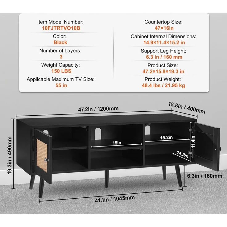 VEVOR Rattan-TV-Ständer, Fernsehschrank Boho-TV-Schrank für 140 cm Fernseher, Retro-TV-Ständer, Rattan-TV-Konsole mit verstellbaren Regalen & 2 Türen, für Wohnzimmer, Medienraum, Schwarz – Bild 7