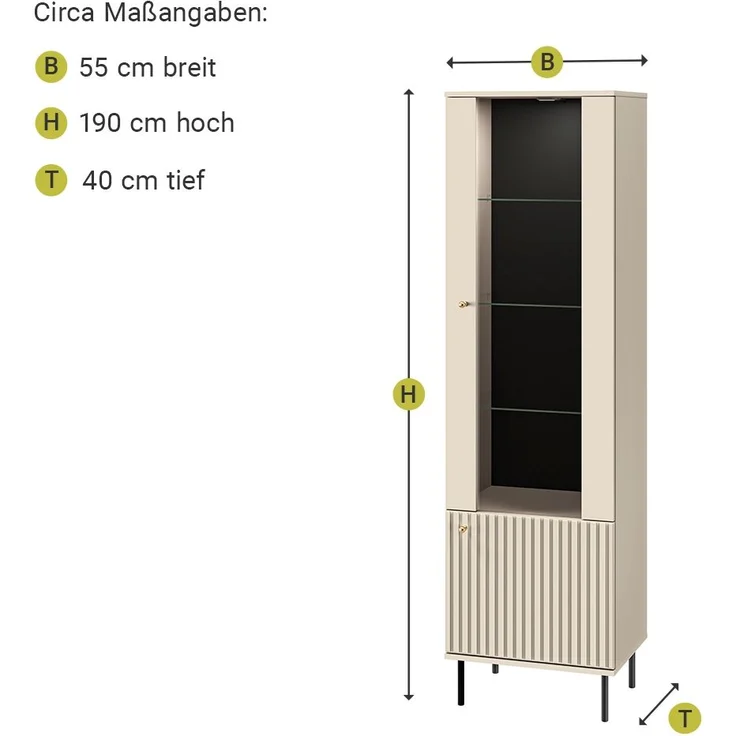 Wohnzimmer Vitrine SALOU-131 in kaschmir matt, goldfarbene Metallgriffe, B/H/T ca. 55/190/40 cm – Bild 8
