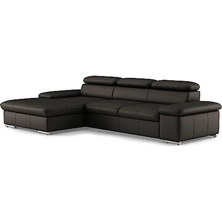 CAVADORE Echtleder-Schlafcouch Valerie mit XL-Longchair / Ecksofa mit Bettfunktion, Kopfteilverstellung + großem Longchair / 286 x 73 x 174 / Leder Dunkelbraun