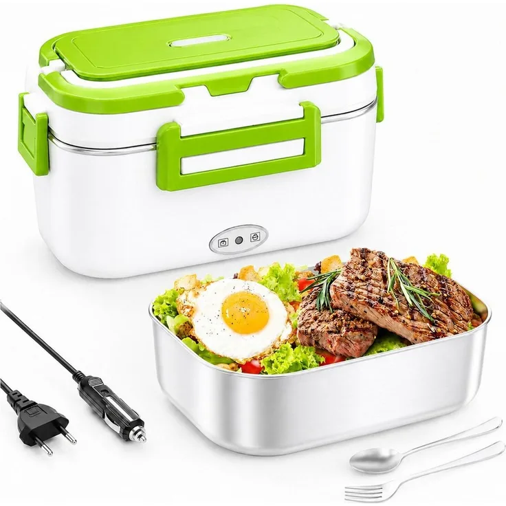 ibettertec Elektrische Lunchbox 1,8L, 12V/24V/230V, 80W Heizung & Warmhalten, 304 Edelstahl, (inkl. Besteck, Besteck- und Kabelfach, 4 Verschlüsse, Weiß-Grün), für Arbeit & Auto