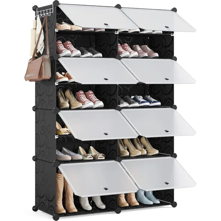 Mondeer Schuhregal, 8-stufiger Kunststoff Schuhschrank, Modulares Schuhaufbewahrung, Staub- und Wasserabweisend, Platzsparendes, hält 32 Paar Schuhe für Foyer, Schlafzimmer, Wohnzimmer, Schwarz
