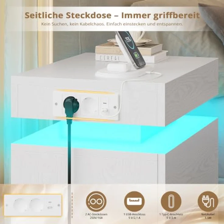 IRONCK Nachttisch 2er Set mit LED & Steckdose, Weiß | Nachtkonsole 48x35x60 cm mit USB-Anschluss, 2 Schubladen Modernes Design für Schlafzimmer, Wohnzimmer – Bild 6