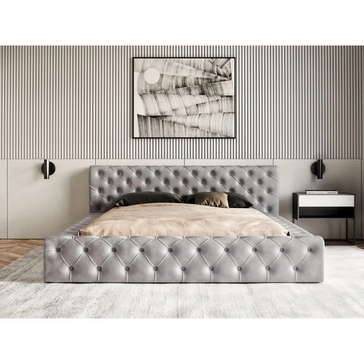 GRAINGOLD Palini Polsterbett 160x200, mit gepolstertes Kopfteil, gestepptes Bett, Bettkasten, Velour-Stoff, Grau – Bild 4