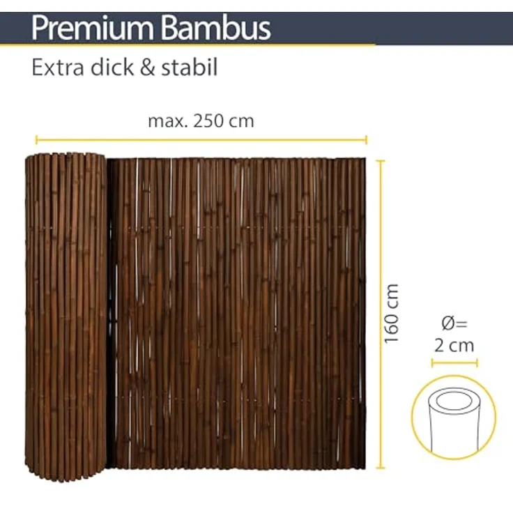 Sol Royal Premium Bambus Sichtschutz Zaun 160x250 cm B23 Dunkelbraun – hochwertig gehärtete Bambusrohre Ø 2-3cm, witterungsbeständiger Bambuszaun Indoor & Outdoor, Balkon Sichtschutz – Bild 3