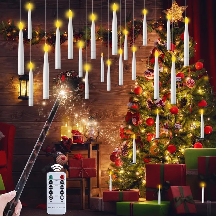 EXTSUD 20 Stück Schwimmende Led Kerzen mit Zauberstab Timerfunktion Flammenlose Kerzen Hängende Leuchtende Kerzen LED Batteriebetriebene (nicht im Lieferumfang) Kerze für Weihnachten Halloween Deko