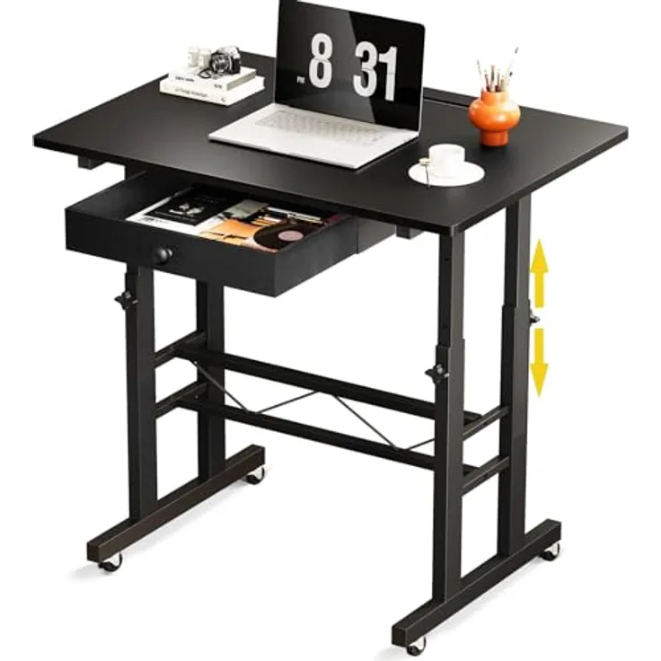 GTPLAYER Höhenverstellbarer Schreibtisch, Computertisch Laptoptisch mit Schubladen,Tisch höhenverstellbar 80 * 50*(73-115) cm, Standing Desk mit Rollen