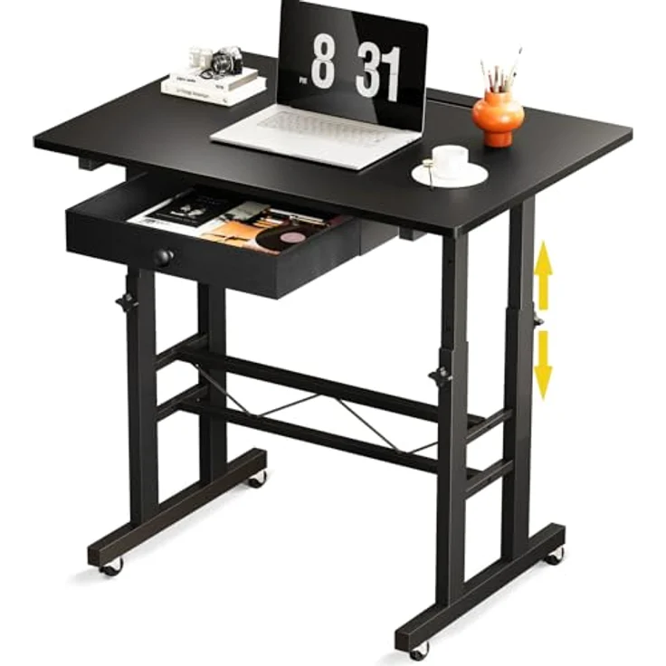 GTPLAYER Höhenverstellbarer Schreibtisch, Computertisch Laptoptisch mit Schubladen,Tisch höhenverstellbar 80 * 50*(73-115) cm, Standing Desk mit Rollen – Bild 1