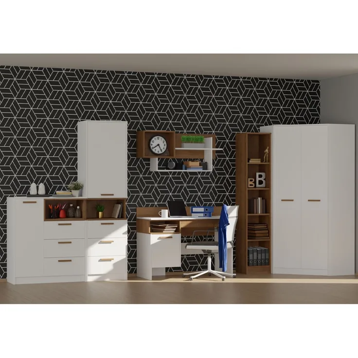 Marmex Möbel Grant Set-08B Jugendzimmer Komplett-Set 6-teilig mit Kleiderschrank, Kommode, Schreibtisch, geschlossenes Regal, Wandregal, offenes Regal, Kinderzimmermöbel mit Schreibtisch, laminierte Spanplatte, Kleiderstange, weiß+riviera Eiche, 377x19...