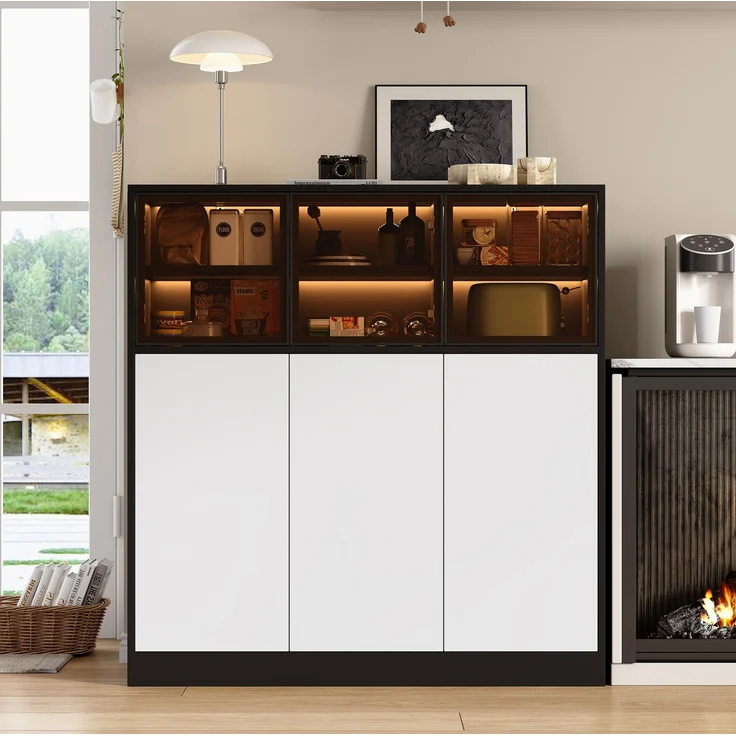 DESVIAE Sideboard mit LED-Beleuchtung und 6 Türen 100x105x40 cm Spanplatte Glas Schwarz Weiß – Bild 2