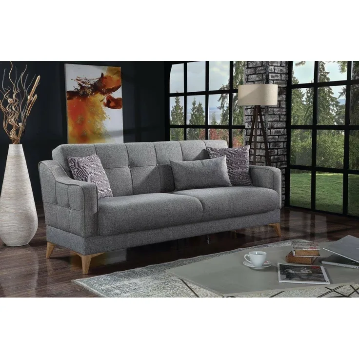 Dmora - Schlafsofa Juan, Lineares 3-Sitzer-Schlafsofa mit 3 Kissen inklusive, Wohnzimmersofa aus gepolstertem Stoff mit klick-Klack-Öffnung, cm 207x82xh92, grau