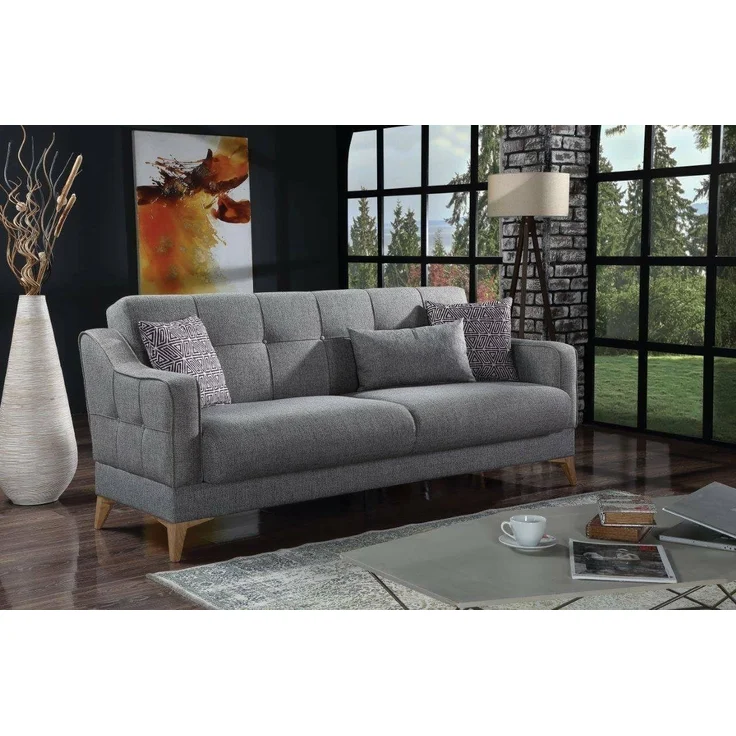 Dmora - Schlafsofa Juan, Lineares 3-Sitzer-Schlafsofa mit 3 Kissen inklusive, Wohnzimmersofa aus gepolstertem Stoff mit klick-Klack-Öffnung, cm 207x82xh92, grau – Bild 1