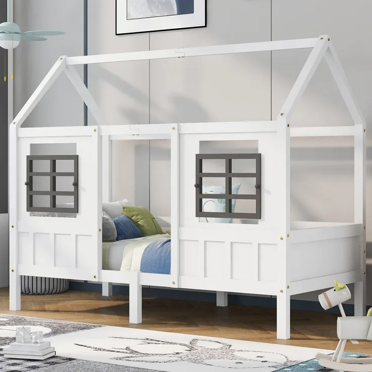 U-life Hausbett 90x200 cm, Einzelbett und Kinderbett, mit 2 Fenstern und Sicherheitsgeländer, Kiefernholz, Weiß