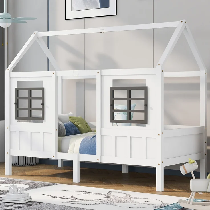 U-life Hausbett 90x200 cm, Einzelbett und Kinderbett, mit 2 Fenstern und Sicherheitsgeländer, Kiefernholz, Weiß – Bild 1