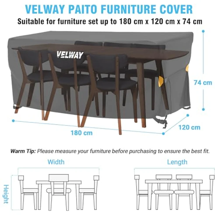 Velway Abdeckung für Gartenmöbel Wasserdicht - 180 x 120 x 74 cm Rechteckig Schutzhülle Winddicht Loungemöbel Abdeckung Abdeckhauben für Gartentische Sitzgruppe Terrassenmöbel Schwarz – Bild 3