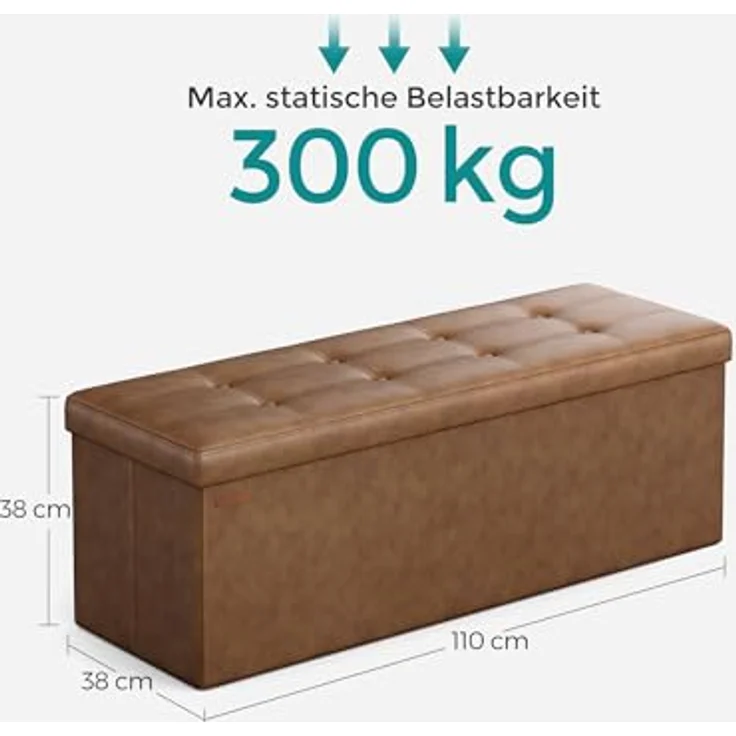 Songmics 110 cm Sitzbank mit Stauraum, Sitztruhe, Aufbewahrungsbox, Fußhocker, faltbar, gepolstert, Bezug aus PU, bis 300 kg belastbar, kaffeebraun LSF070K01V1 – Bild 4