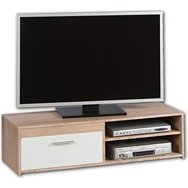 Stella Trading Gemma Lowboard in Eiche Sonoma Optik, Weiß-Schlichtes TV-Board mit viel Stauraum für Ihr Wohnzimmer, 120 x 32 x 38 cm