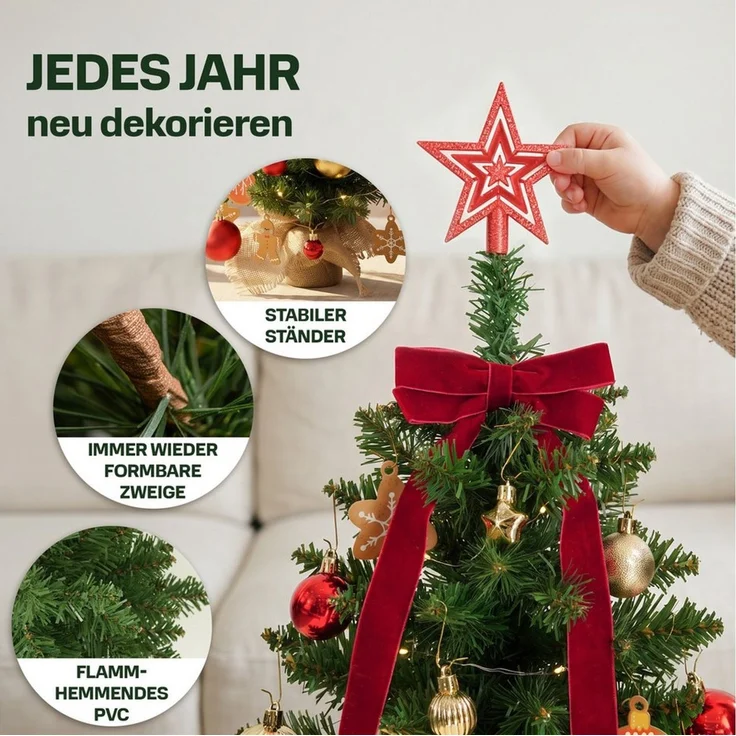 Lindenstein Echter Weihnachtsbaum Künstlicher Mini-Weihnachtsbaum mit LED-Beleuchtung und Deko, 60 cm, Nordmanntanne, Wiederverwendbar, vielseitig, pflegeleicht, umweltfreundlich – Bild 4
