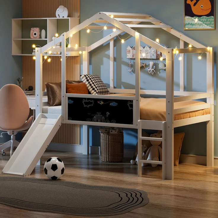 Kinder-Loftbett 90x200 cm mit Rutsche, Hausstil, Leiter & Blackboard,Massivholz Spielbett,Weiß – Bild 2