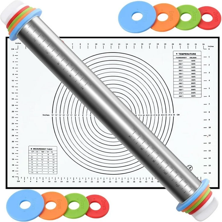 SURFOU Nudelholz Edelstahl Einstellbares 1 Teigroller 1 Silikon Backmatte, für Pizza Kekse Pfannkuchen Pasta Backen Utensilie – Bild 5