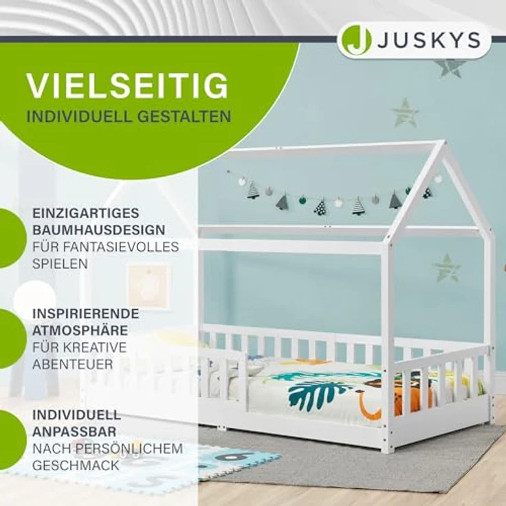 Juskys Kinderbett Marli 90 x 200 cm mit Matratze, Rausfallschutz, Lattenrost & Dach - Massivholz Hausbett für Kinder - Bett in Weiß – Bild 7