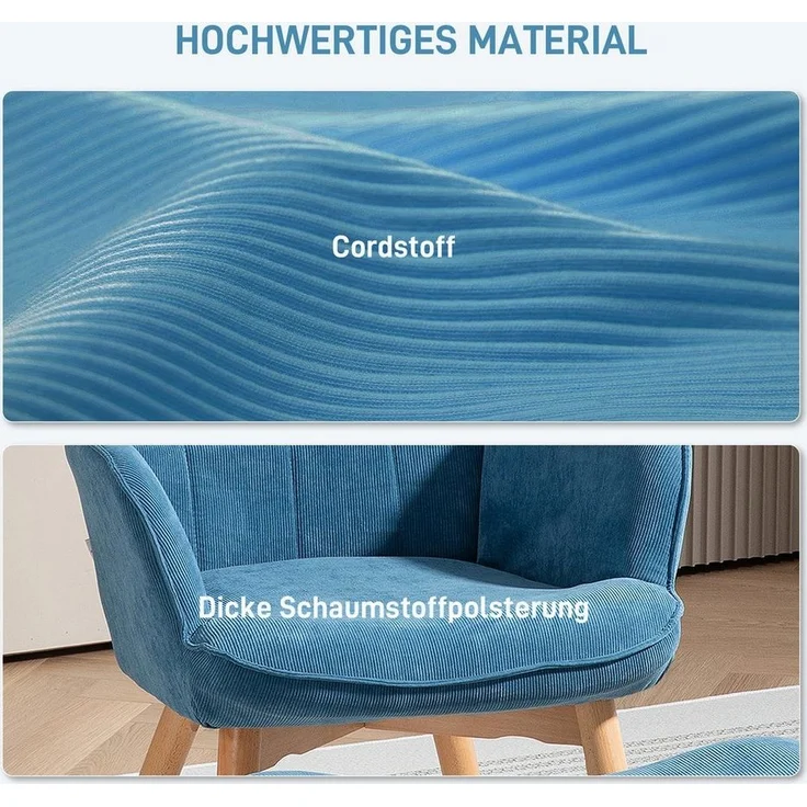 HOMCOM Relaxsessel Ohrensessel mit Hoher Rückenlehne, Holzbeine (Sessel mit Hocker, 2-St, Loungesessel), mit getuftetem Design, Cord-Optik, für Wohnzimmer, Blau – Bild 3