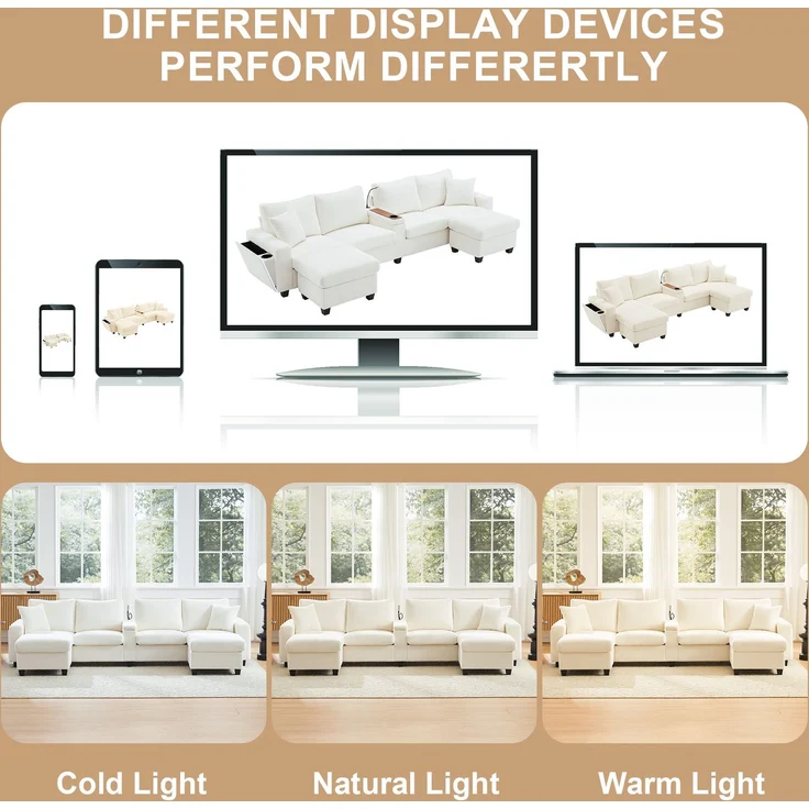 Cord-Sofa mit 2 Stauraumhockern, Leselampe, Klappkonsole, App-LED und USB-C, U-förmige Lounge-Couch mit Getränkehalter, Beige – Bild 8