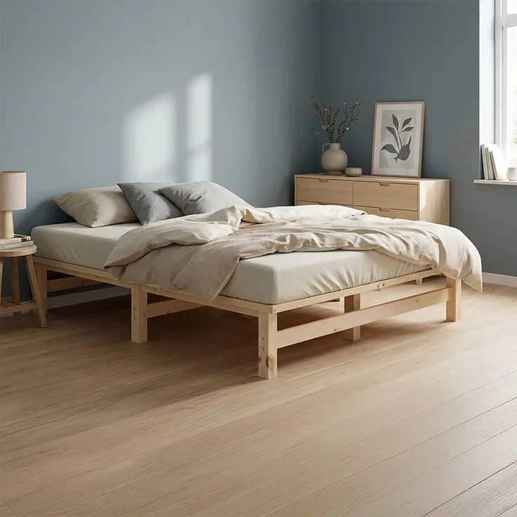 Holzbett 120x200 mit Matratze Doppelbett Holz Natur Bett Massiv Palettenbett Bettgestell Holzbettrahmen Lattenrost – Bild 2